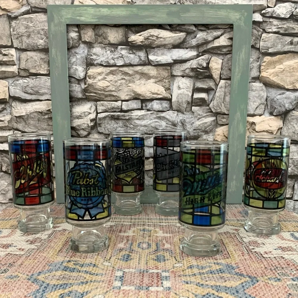 6 Anchor Hocking Beer Glasses Pabst BlackLabel Miller Schaefer Falstaff Schlitz